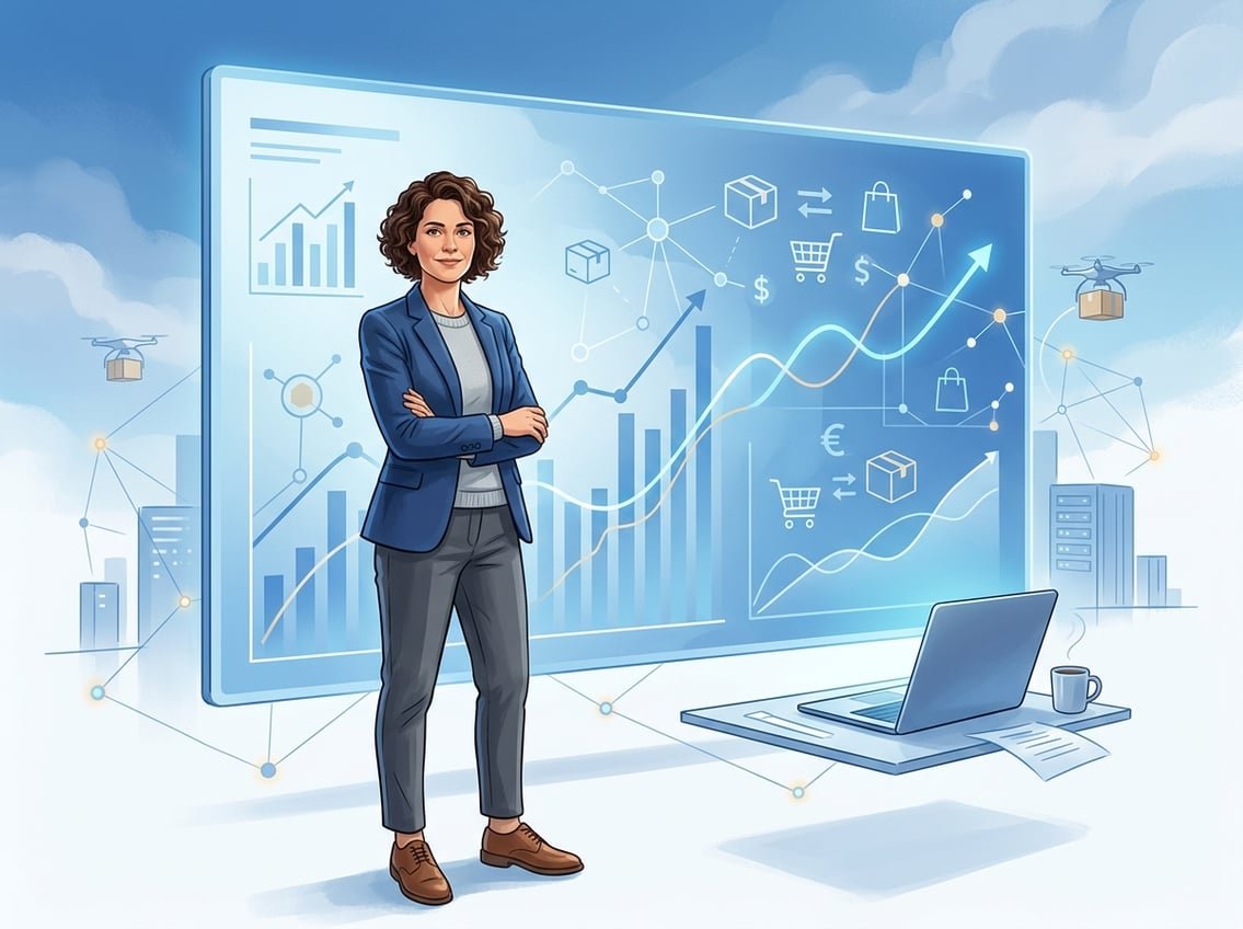 An entrepreneur standing in front of a large digital screen showing data charts and e-commerce icons with a blue sky and clouds in the background.