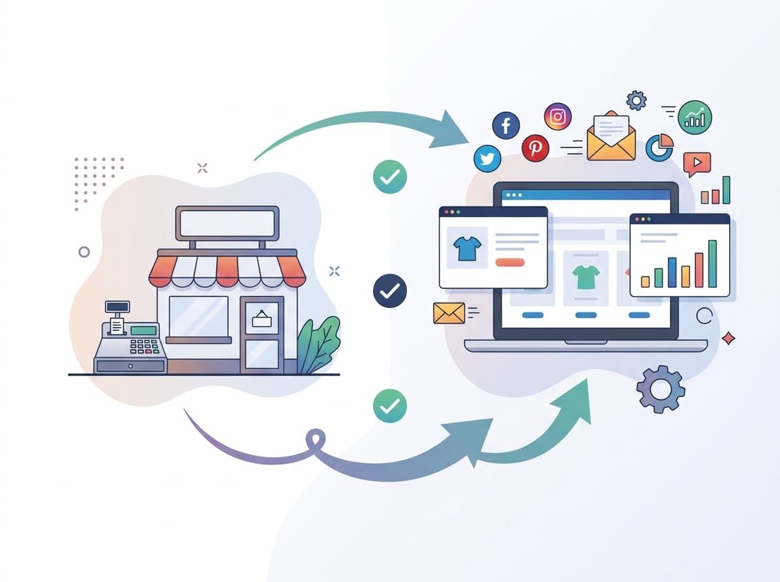 A side-by-side comparison of a simple traditional small shop and various online business elements including a laptop with e-commerce sites and digital marketing icons.
