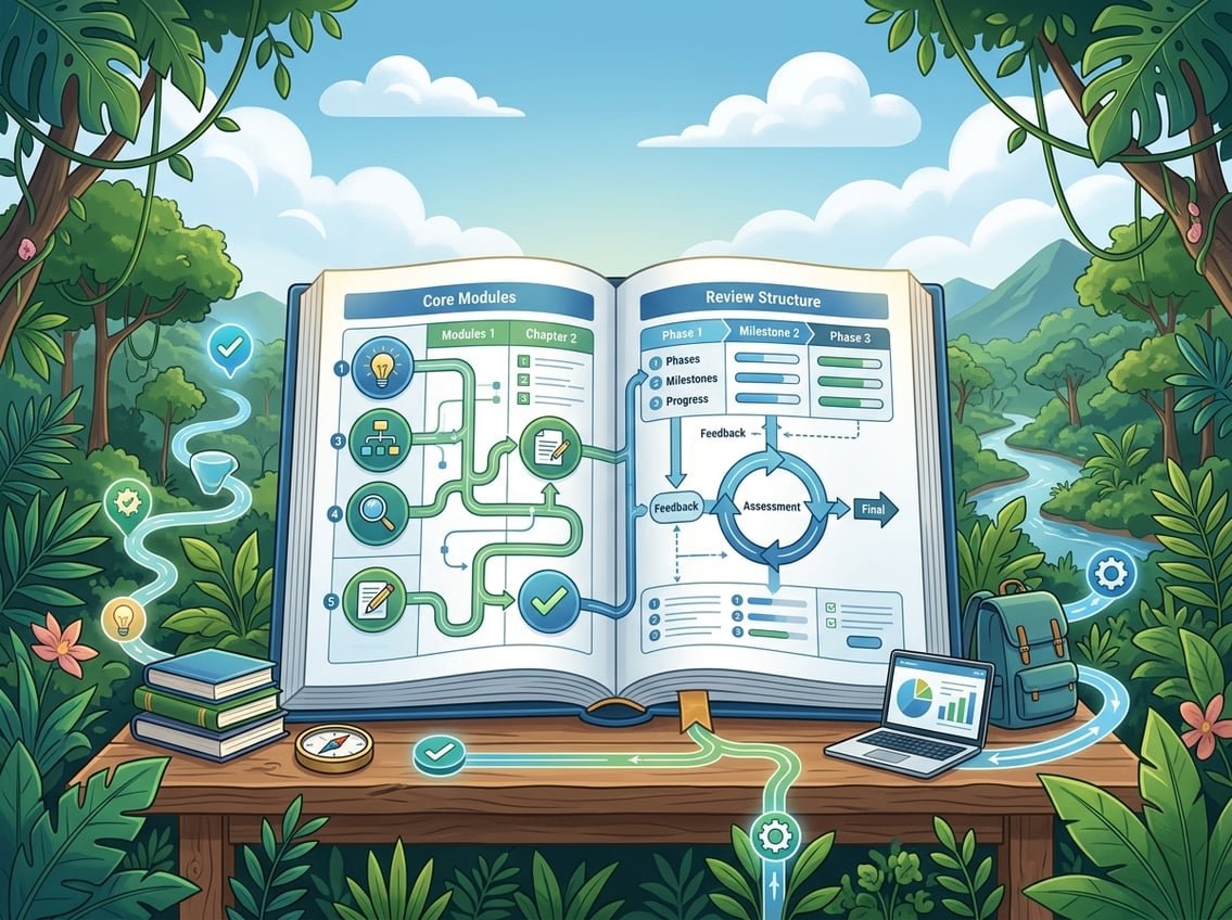 An open book showing a structured curriculum layout surrounded by blue sky and Amazon rainforest foliage, symbolizing education and review.