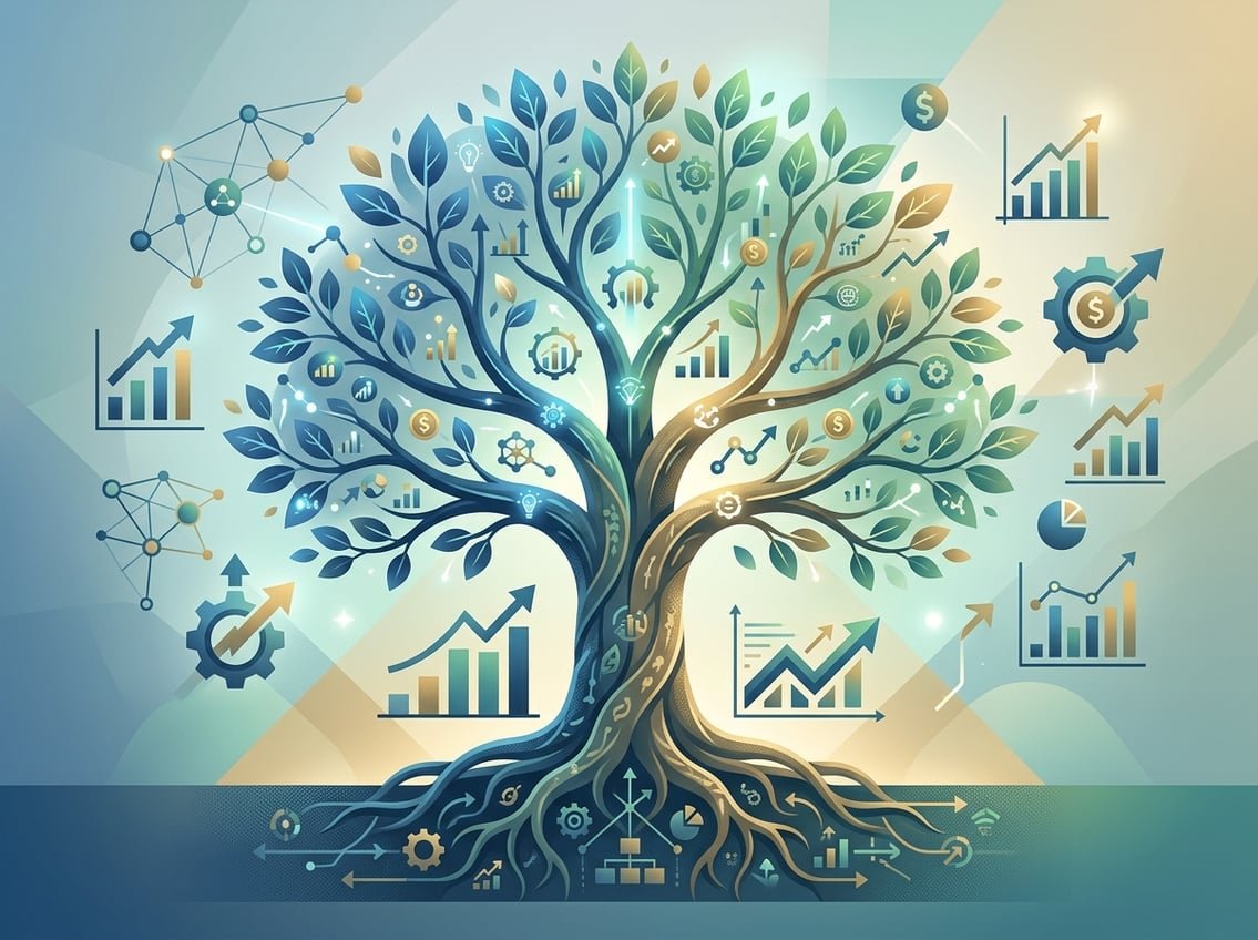 An abstract tree with strong roots and multiple branches surrounded by icons like gears, arrows, and charts, symbolizing business growth and strategies.