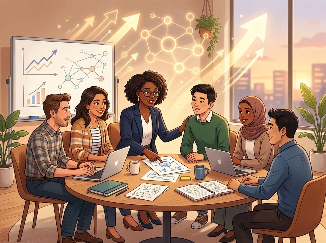 A group of people in a professional setting where one person is mentoring another, surrounded by others engaged in supportive interaction.