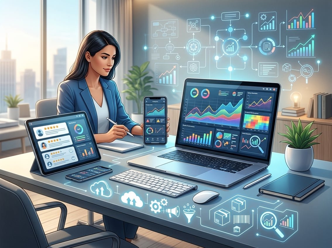 A workspace with a laptop, tablet, and smartphone displaying charts and analytics, surrounded by icons representing digital tools and strategy planning.