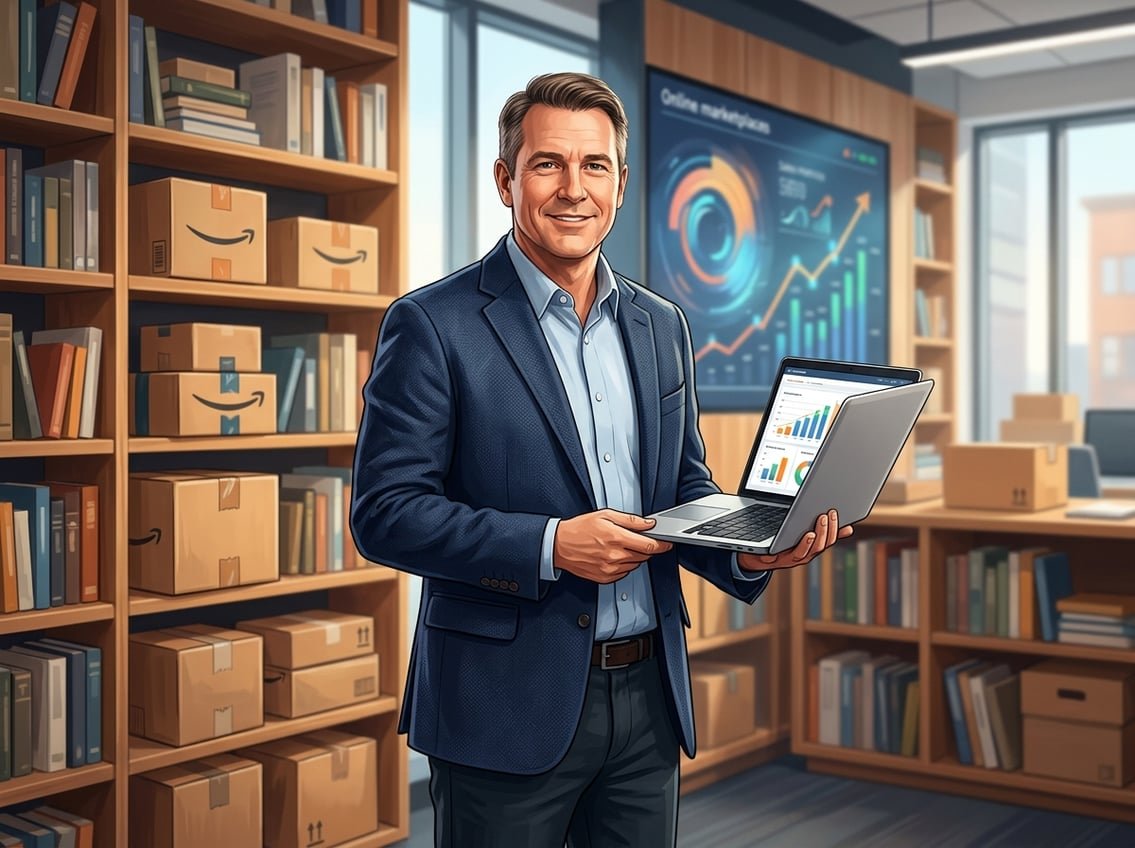 A confident man in a modern office holding a laptop with charts, surrounded by books and Amazon packages.