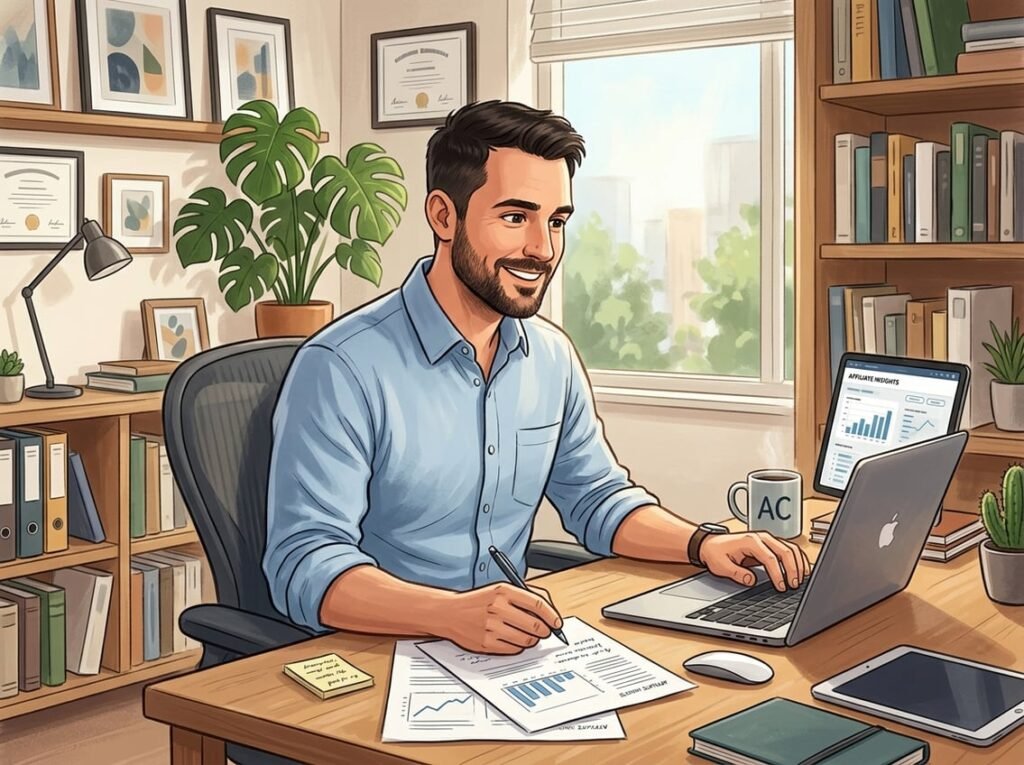 A man sitting at a desk reviewing documents and a laptop in a bright office setting.
