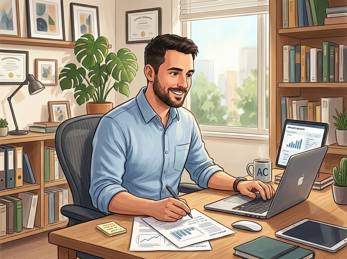 A man sitting at a desk reviewing documents and a laptop in a bright office setting.