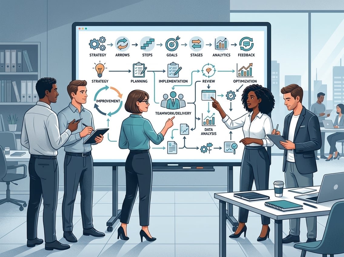 A group of professionals collaborating around a digital whiteboard displaying interconnected diagrams and flowcharts representing a structured program and methodology.