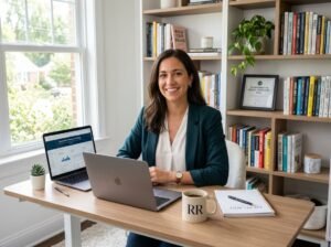 A woman sitting at a desk in a bright home office with bookshelves and a laptop, appearing focused and confident.