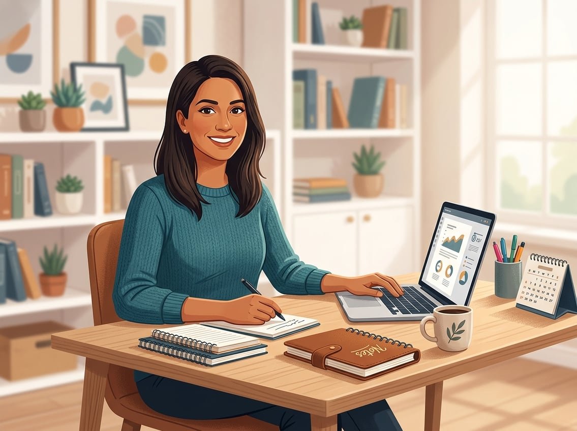 A woman sitting at a desk with a laptop and notebooks in a home office setting.