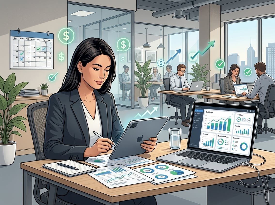 A business professional reviewing financial documents and charts in a modern office setting with a laptop showing sales and pricing data.