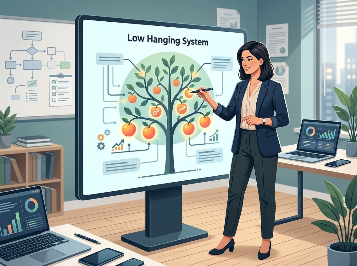 A woman analyzing a diagram of a fruit tree with low hanging fruit, surrounded by charts and digital devices, representing strategic review and planning.