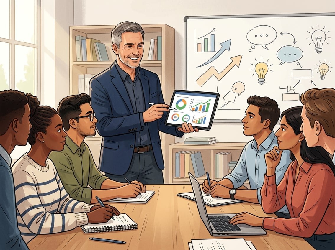 A mentor guiding a diverse group of trainees in a modern office, showing charts on a tablet and engaging in a training session.