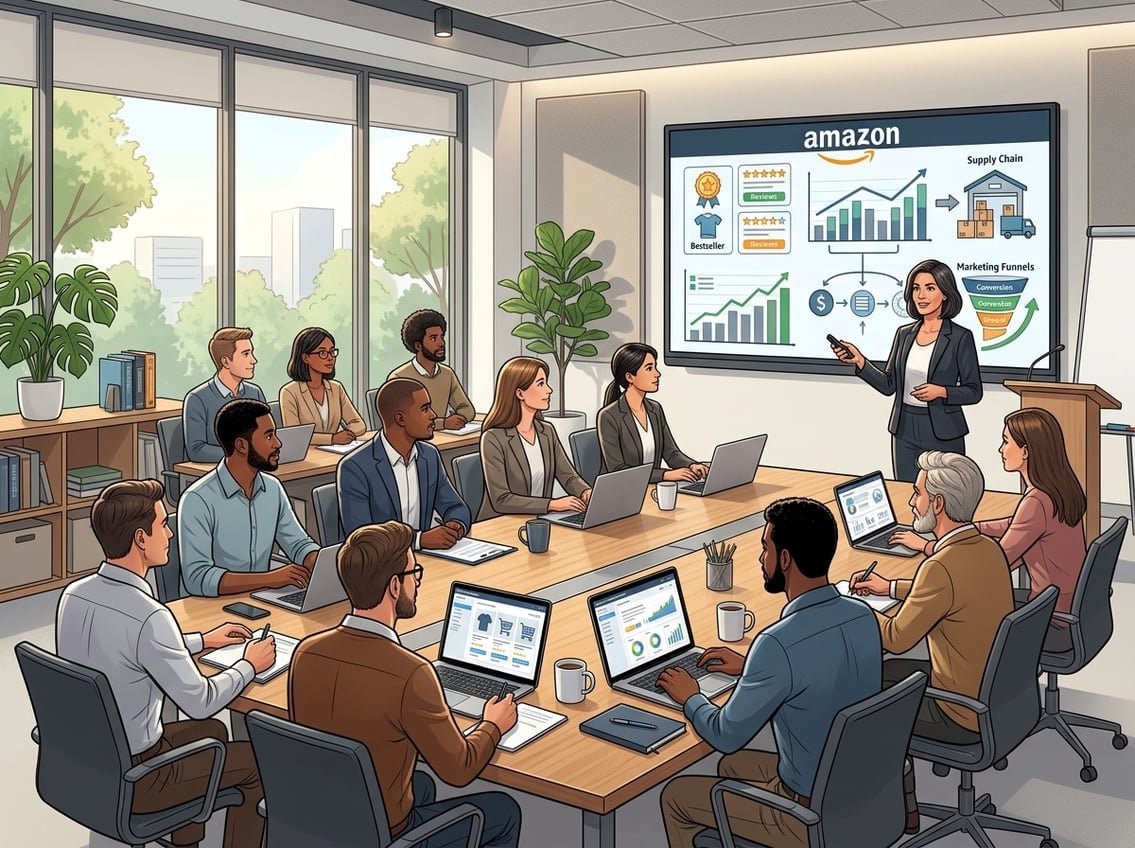 A group of professionals attending a business seminar with an instructor presenting charts and graphs about Amazon business strategies on a digital screen.