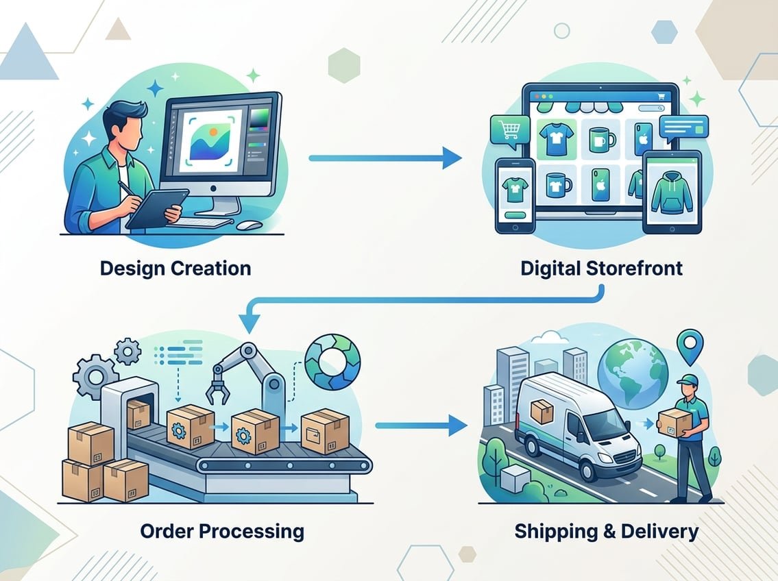 Illustration showing a flowchart of the print on demand business model with icons for design, online store, order packaging, and delivery.