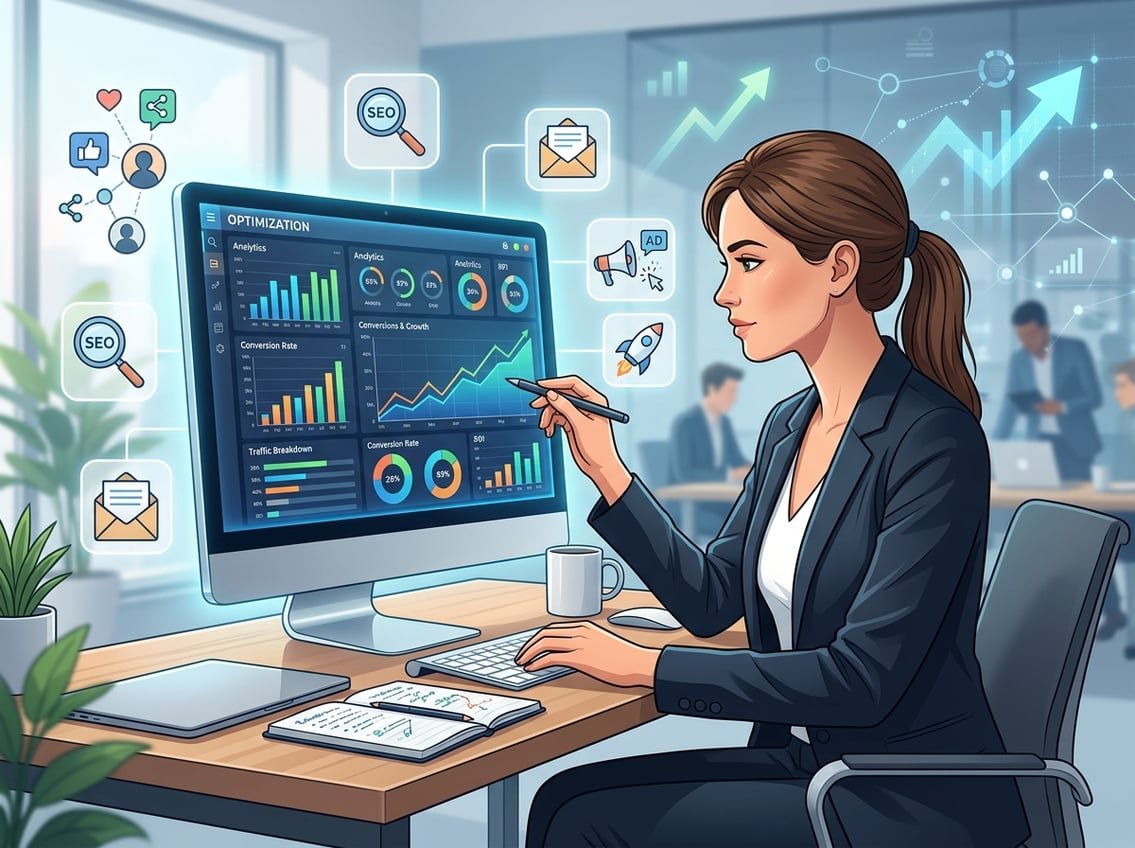 A professional analyzing digital marketing data on a computer screen showing graphs and charts with icons representing traffic sources around.