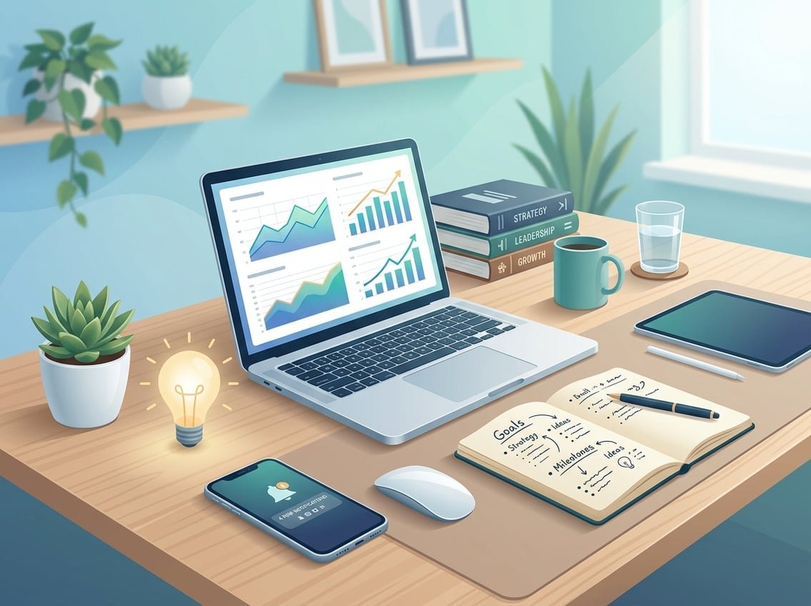 A modern workspace with a laptop showing graphs, an open notebook with a pen, a smartphone with notifications, a small potted plant, a glowing lightbulb icon, and a stack of books.