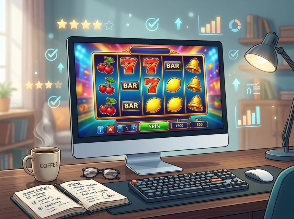 A computer monitor showing an online slot game with spinning reels on a desk with coffee and notes, surrounded by floating charts and stars.