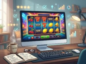 A computer monitor showing an online slot game with spinning reels on a desk with coffee and notes, surrounded by floating charts and stars.