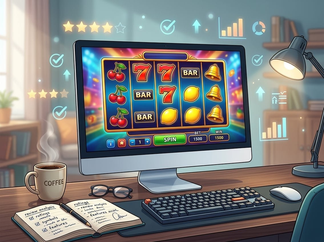 A computer monitor showing an online slot game with spinning reels on a desk with coffee and notes, surrounded by floating charts and stars.