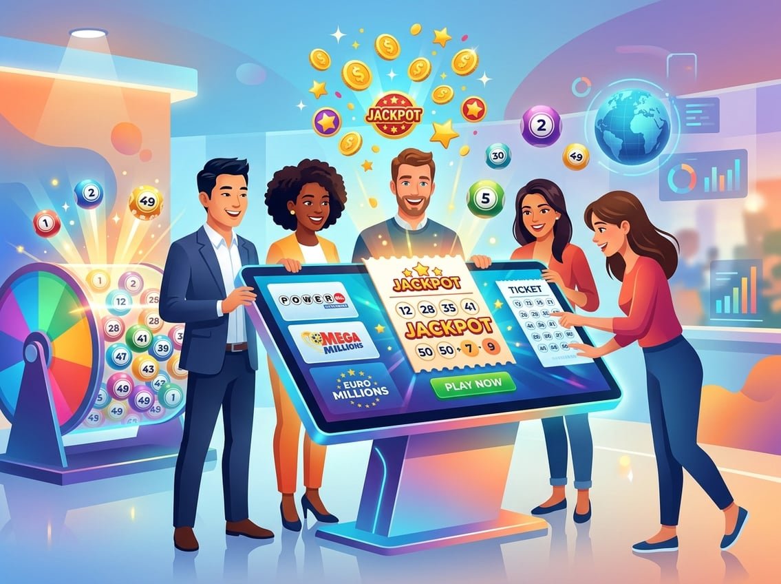 People interacting with a digital lottery ticket interface surrounded by lottery balls, a spinning wheel, and jackpot symbols.