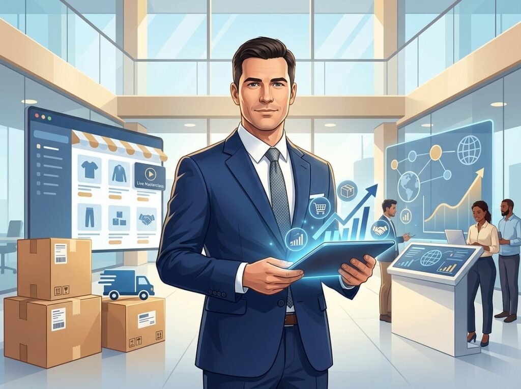 A business leader standing in front of a modern office with e-commerce elements like packages and delivery trucks, holding a tablet showing analytics charts.