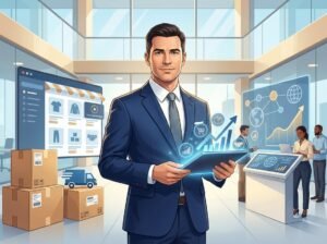 A business leader standing in front of a modern office with e-commerce elements like packages and delivery trucks, holding a tablet showing analytics charts.