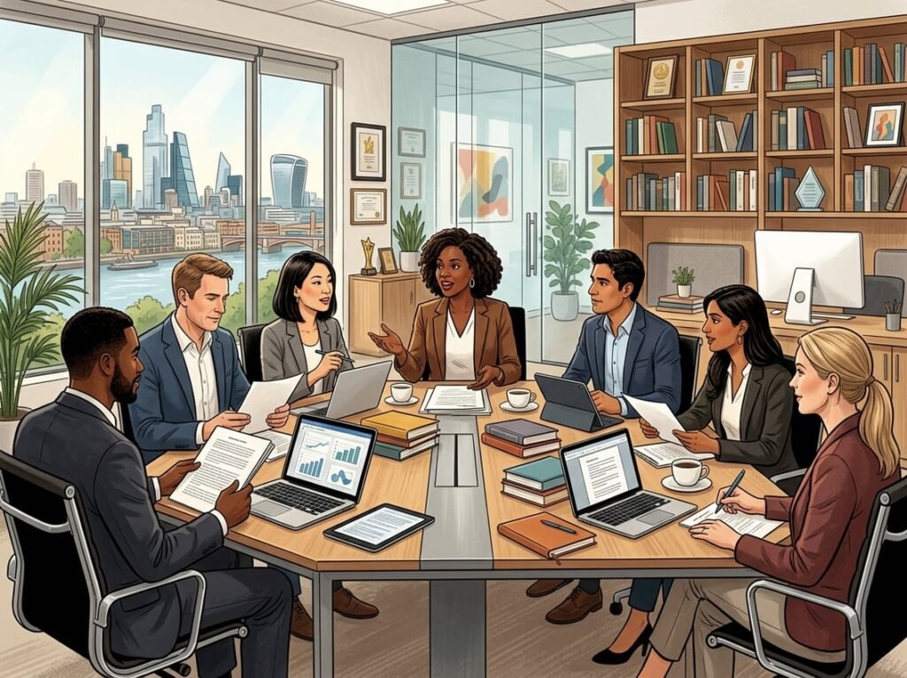 A group of diverse publishing CEOs meeting around a conference table with books and laptops in a modern office with bookshelves and a city skyline visible through a window.