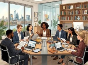 A group of diverse publishing CEOs meeting around a conference table with books and laptops in a modern office with bookshelves and a city skyline visible through a window.