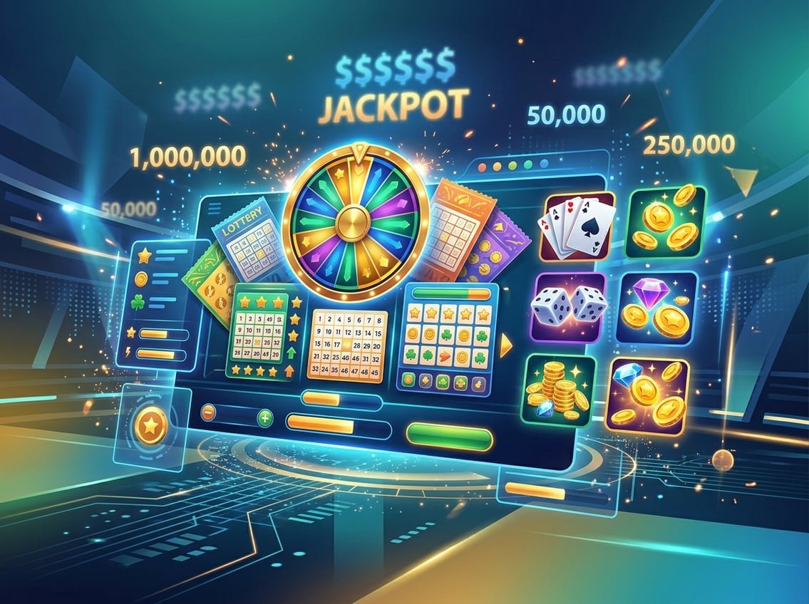 A digital scene showing various lottery tickets, spinning jackpot wheels, and colorful game icons with glowing jackpot numbers in the background.