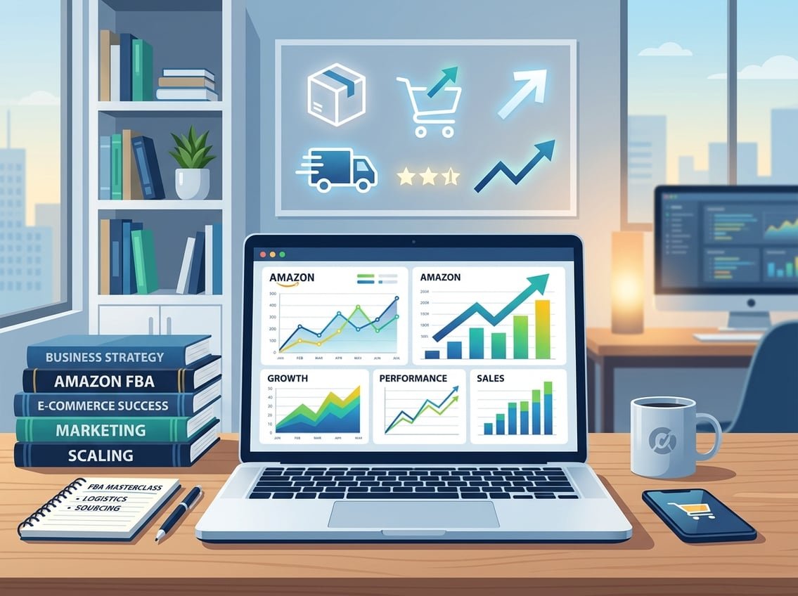 A workspace with a laptop showing business charts, surrounded by books and icons representing online selling and growth.