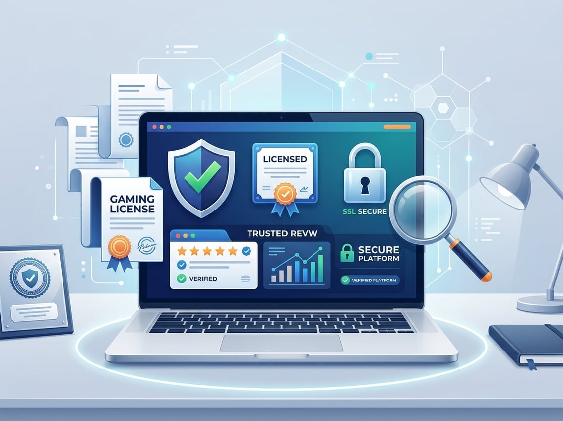 Illustration of a computer screen showing symbols of security and licensing, including a shield with a checkmark, a padlock, and official documents, representing trust and safety in online gambling.