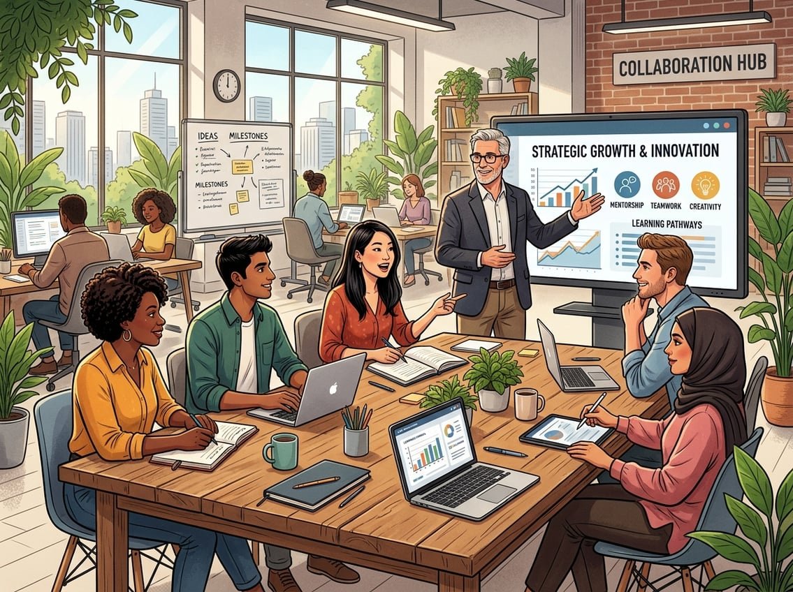 A diverse group of people collaborating in an office, discussing ideas around a table with laptops and a digital screen.