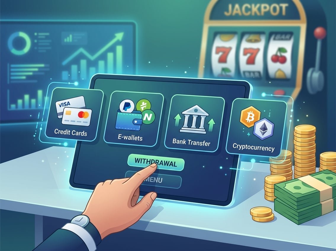 A hand interacting with a digital interface showing various payment methods and withdrawal options, with coins and a slot machine in the background.