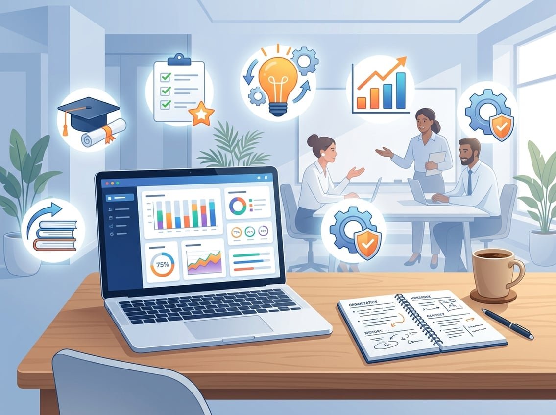 A workspace with a laptop, notebook, coffee cup, and floating icons representing learning modules and business progress.