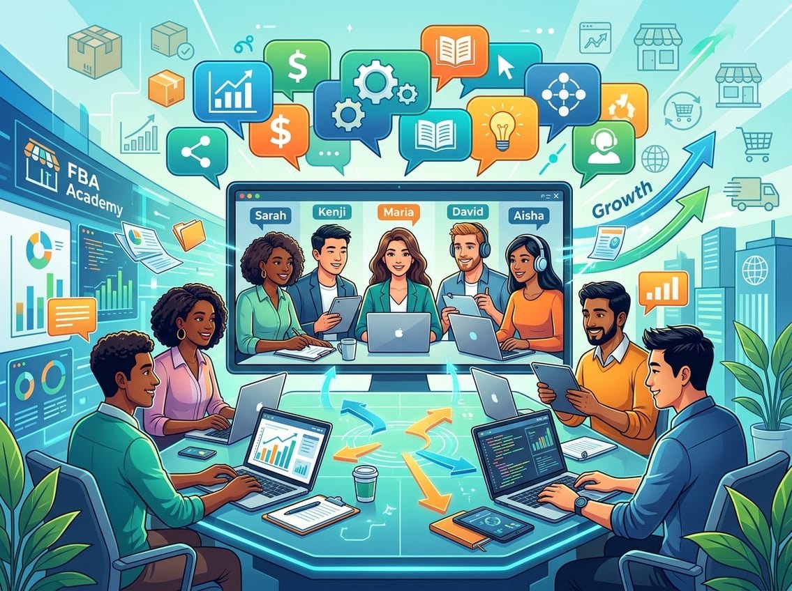 A group of diverse people collaborating online with digital devices surrounded by icons representing community, learning, and e-commerce business growth.