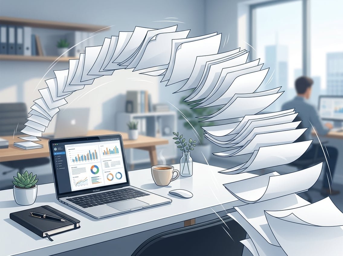 Sheets of paper flipping in the air above a modern desk with a laptop and coffee cup in a bright workspace.