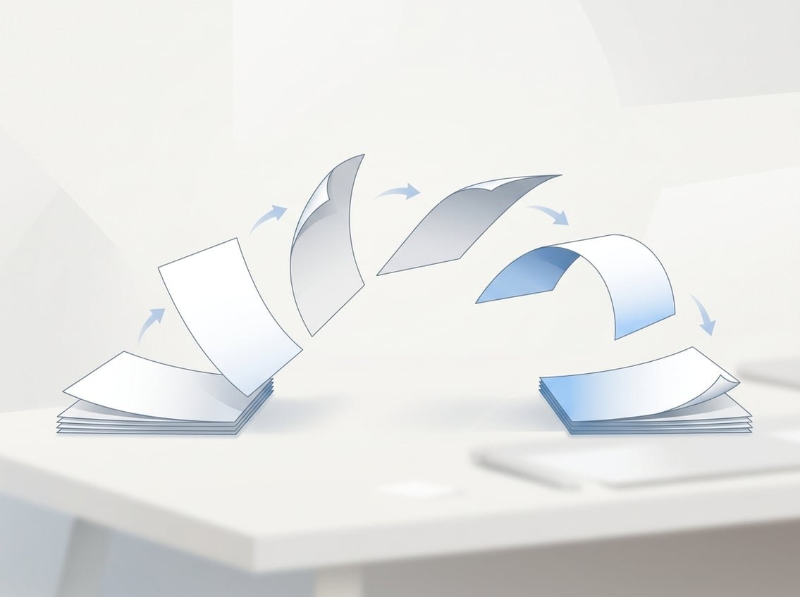 Multiple sheets of paper shown flipping in sequence, illustrating the process of paper flipping.