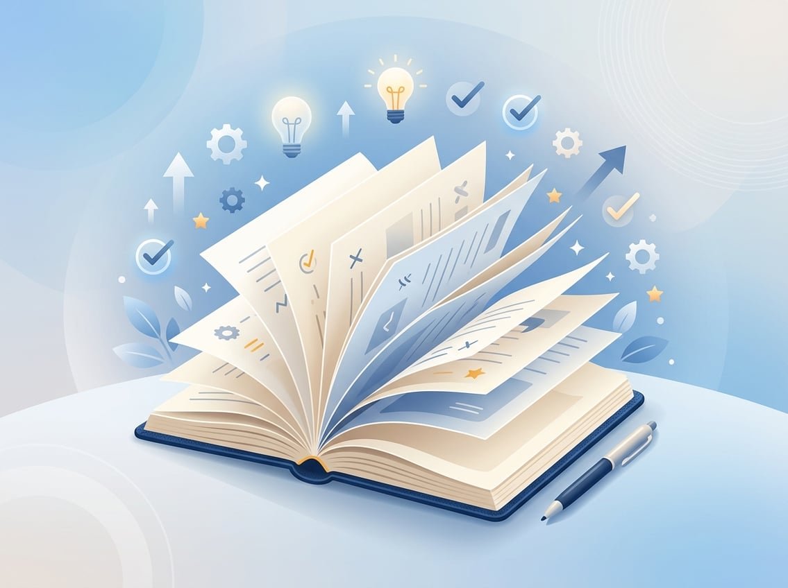 An open notebook with pages flipping in the air surrounded by icons representing learning and growth.