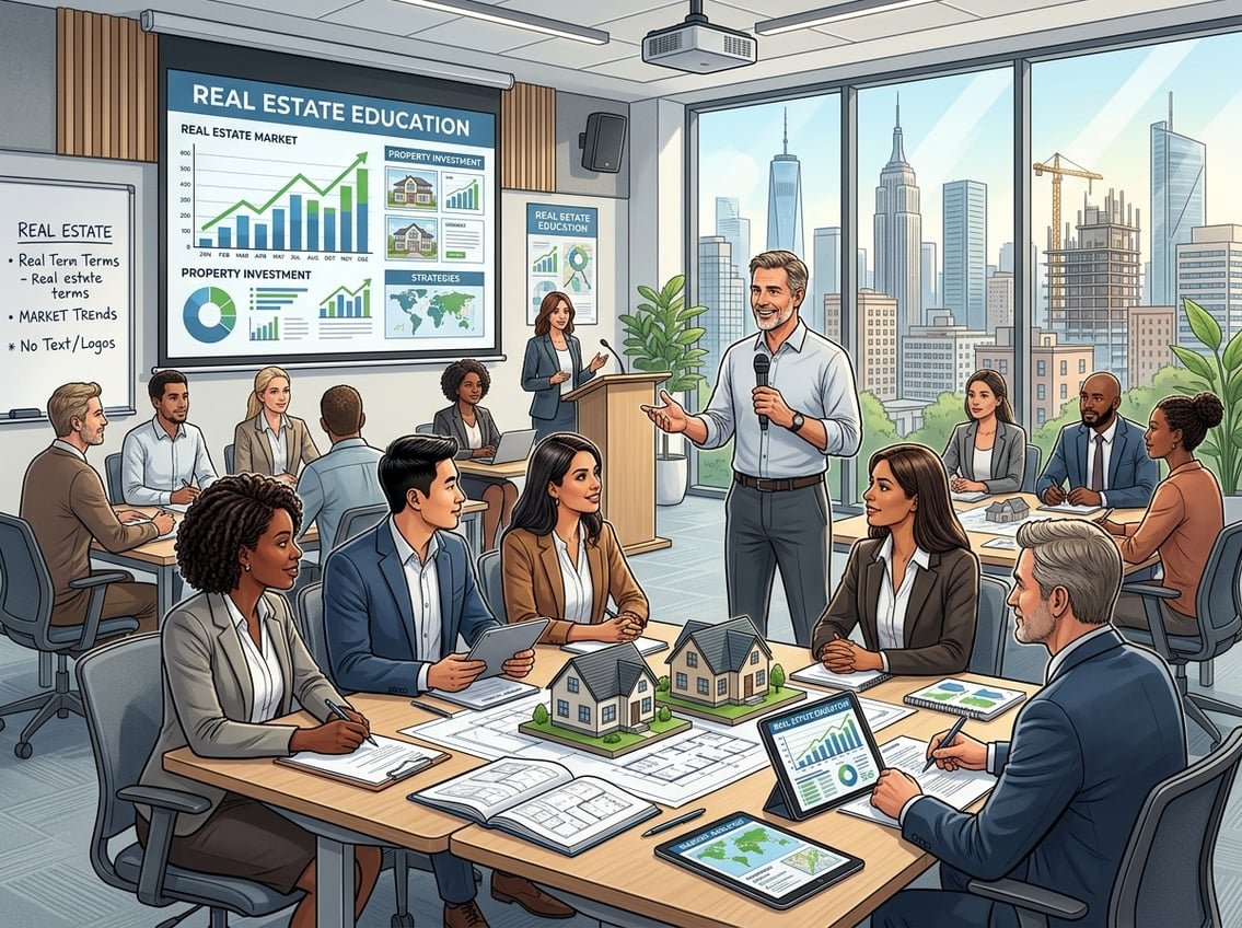 A group of people in a bright classroom learning about real estate with architectural models and digital devices, with a city skyline visible through a large window.