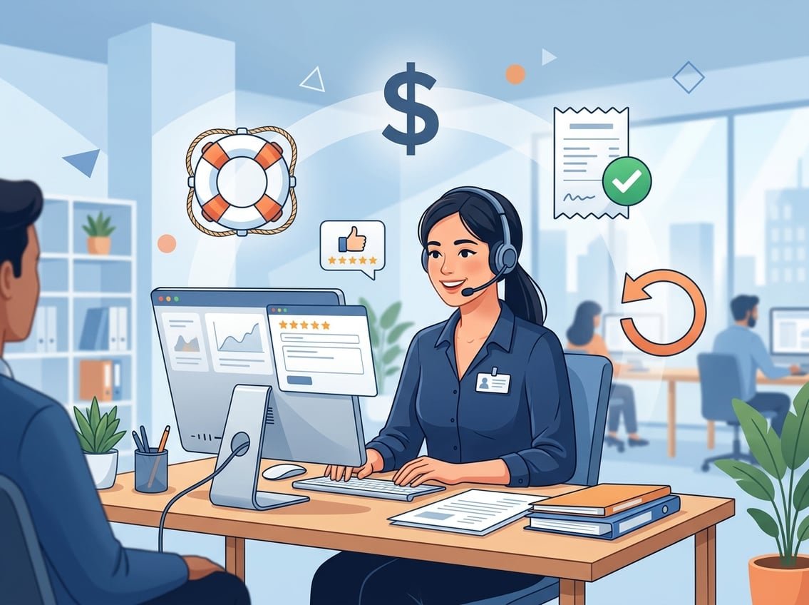 A customer support representative at a desk with icons representing cost, refund, and support options around them.
