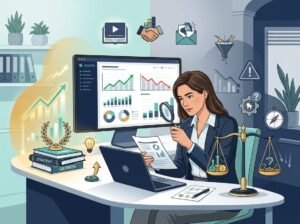 A reviewer examines online business analytics on a laptop beside balanced scales and marketing symbols.