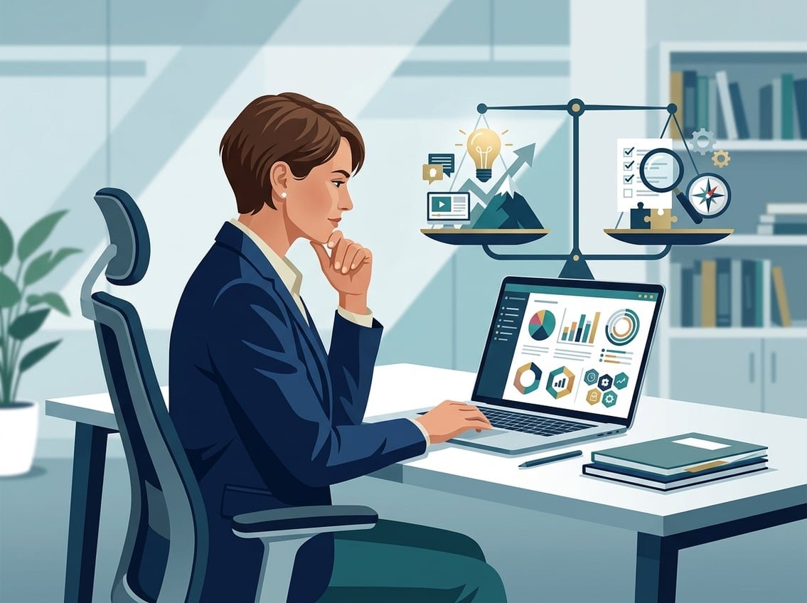 A business learner evaluates an online education opportunity using charts, a checklist, and balanced comparison symbols.