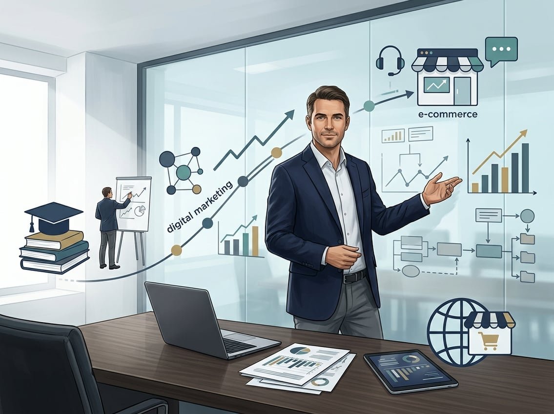 A professional entrepreneur reviews business charts and digital marketing tools in a modern office.