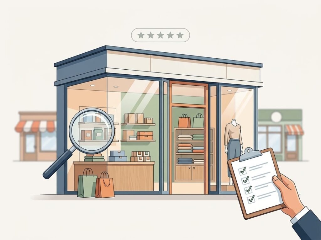 A modern retail storefront with organized displays and visual symbols of comparison and evaluation.
