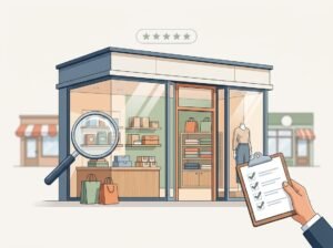 A modern retail storefront with organized displays and visual symbols of comparison and evaluation.
