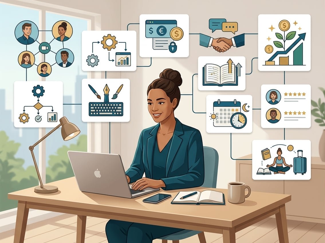 A digital freelancer works at a home office while connected activities represent clients, projects, payments, and career growth.