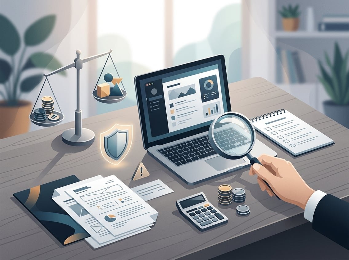 A freelance workspace with documents, a calculator, a magnifying glass, a balanced scale, and warning symbols representing careful review of claims and costs.