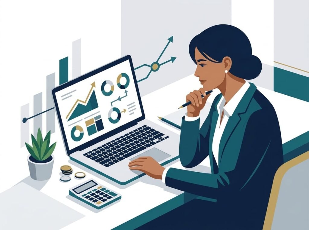 A business professional reviews rising financial charts and organized profit-planning elements at a modern desk.