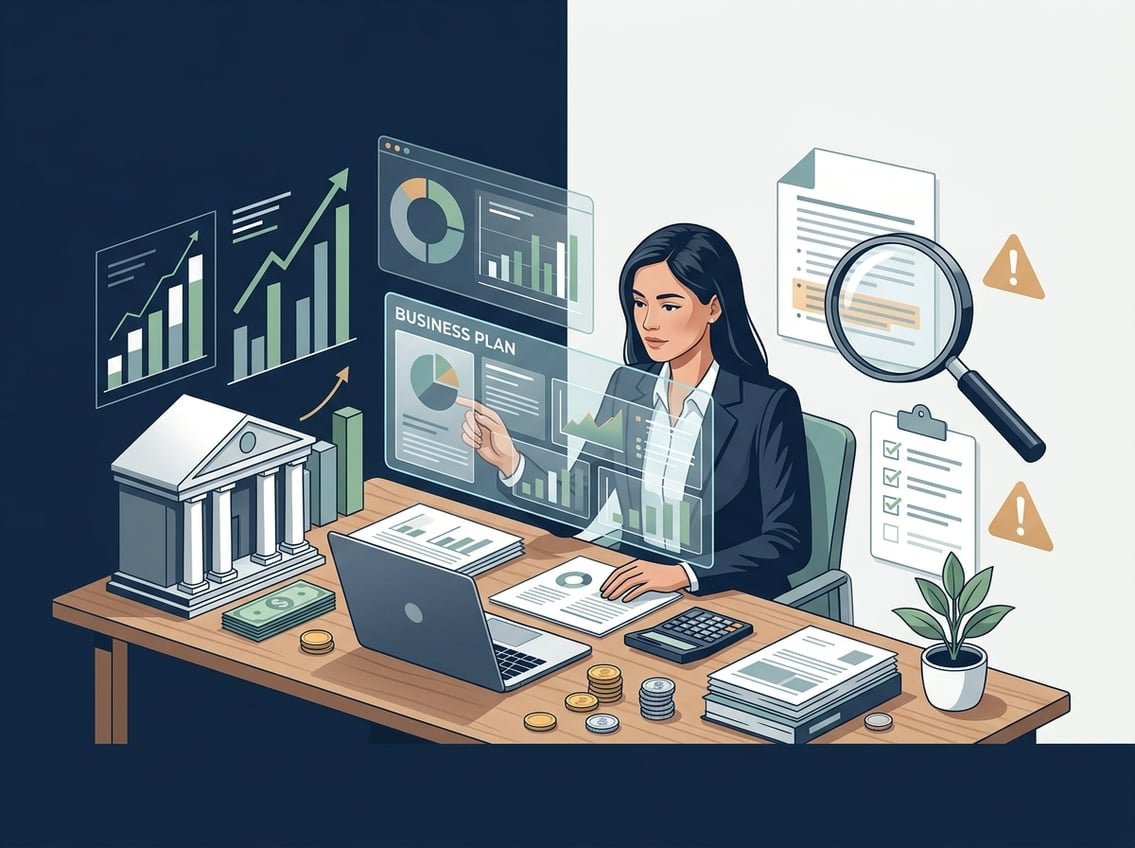 An analyst reviews a business plan beside upward charts and caution symbols.