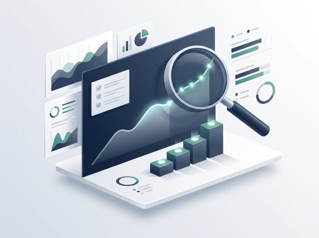A professional analytics scene showing a magnifying glass examining a modest upward trend on a chart beside review and progress elements.