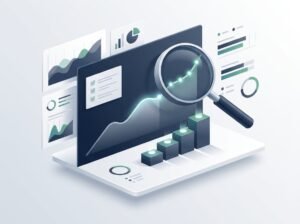 A professional analytics scene showing a magnifying glass examining a modest upward trend on a chart beside review and progress elements.